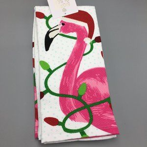 x2 Sigrid Olsen Christmas Lights Flamingo Kitchen Towel Set Santa Hat Tropical